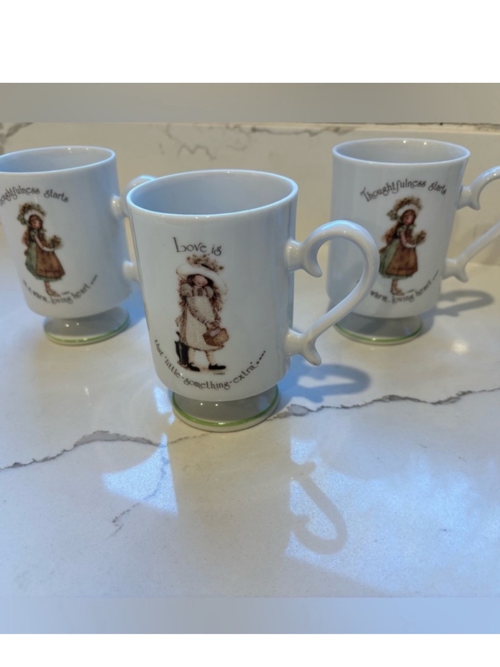 Vintage 1973 Holly Hobbie Porcelain Pedestal Mug Set of 3 White Green Japan